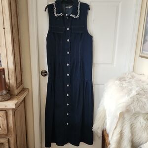 Sleeveless Navy Button-Front Maxi Dress with Embellished Collar